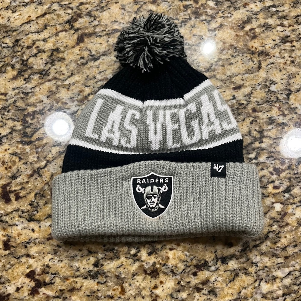 47 Brand Las Vegas Raiders Beanie Hat Mens Grey Black Knit Pom Pom Cuffed OSFA